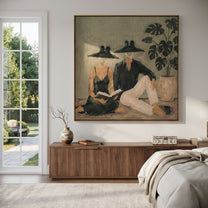 Black Hats Read Together - reading resort couple painting by Claire Whitmore, modern coastal square wall art – styled room scene view 4