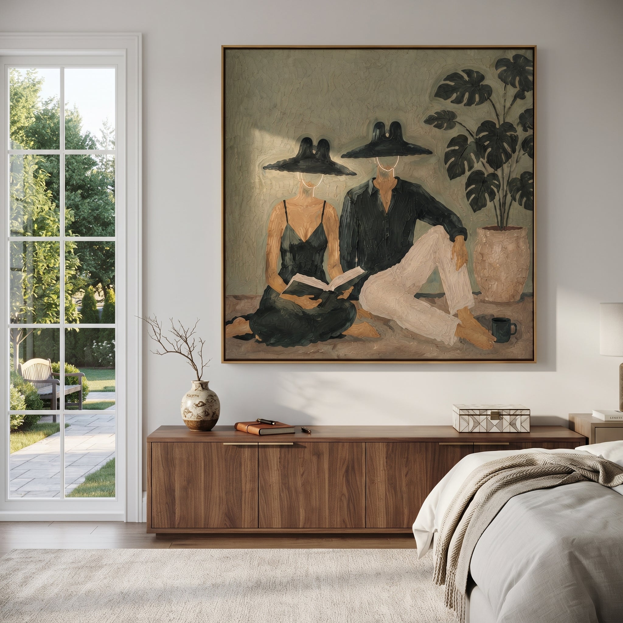 Black Hats Read Together - reading resort couple painting by Claire Whitmore, modern coastal square wall art – styled room scene view 4