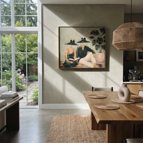 Black Hats Read Together - reading resort couple painting by Claire Whitmore, modern coastal square wall art – styled room scene view 5