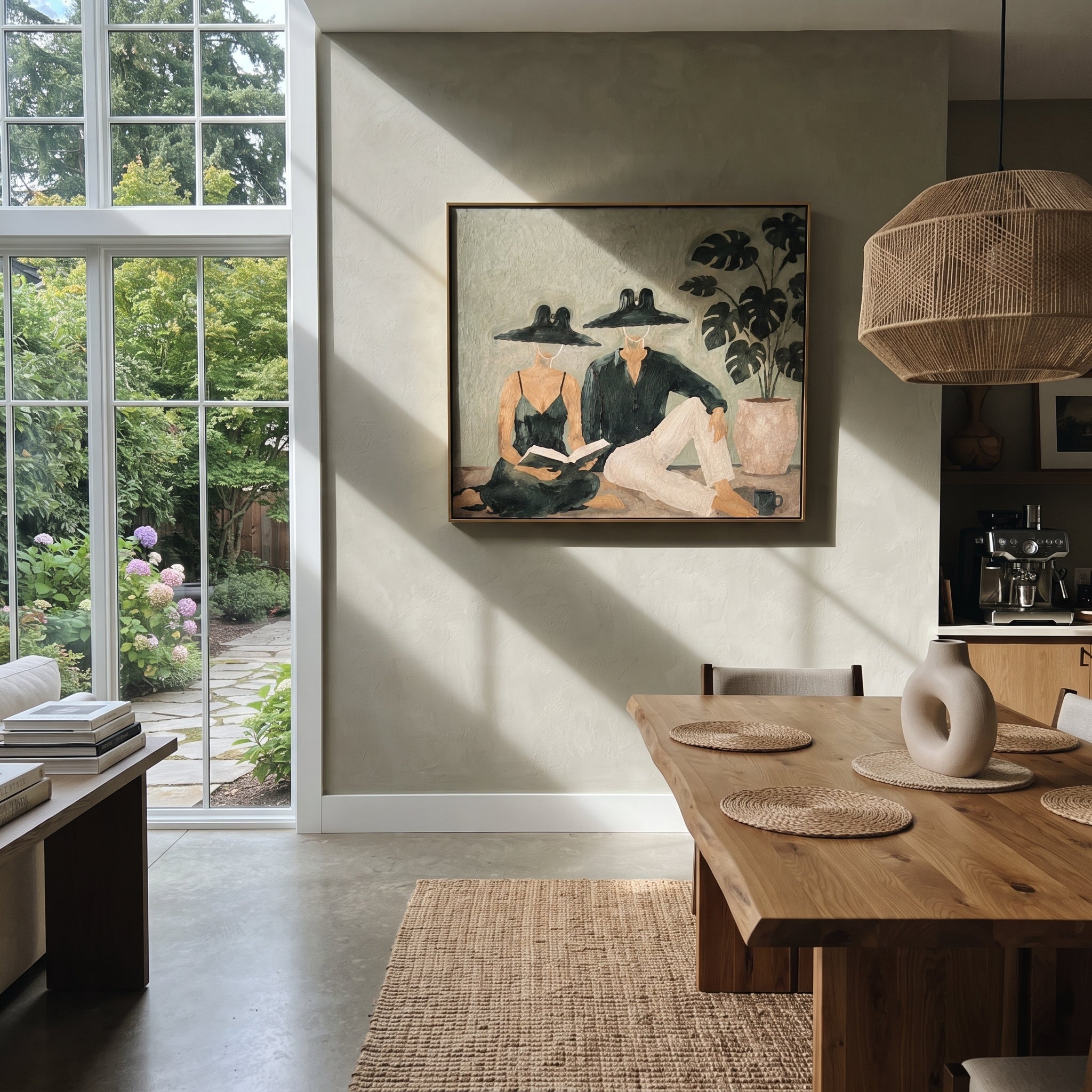 Black Hats Read Together - reading resort couple painting by Claire Whitmore, modern coastal square wall art – styled room scene view 5