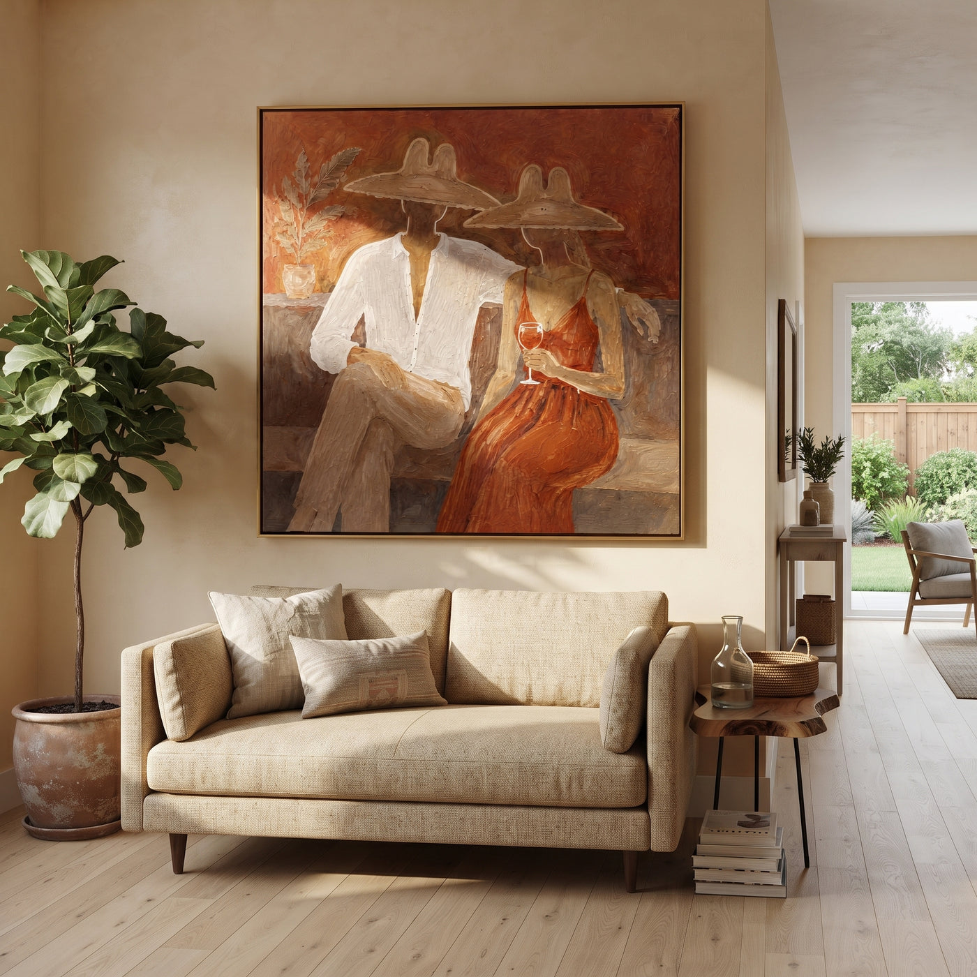 Rust Dress Holds Evening - wine resort couple painting by Claire Whitmore, modern coastal square wall art – styled room scene view 1