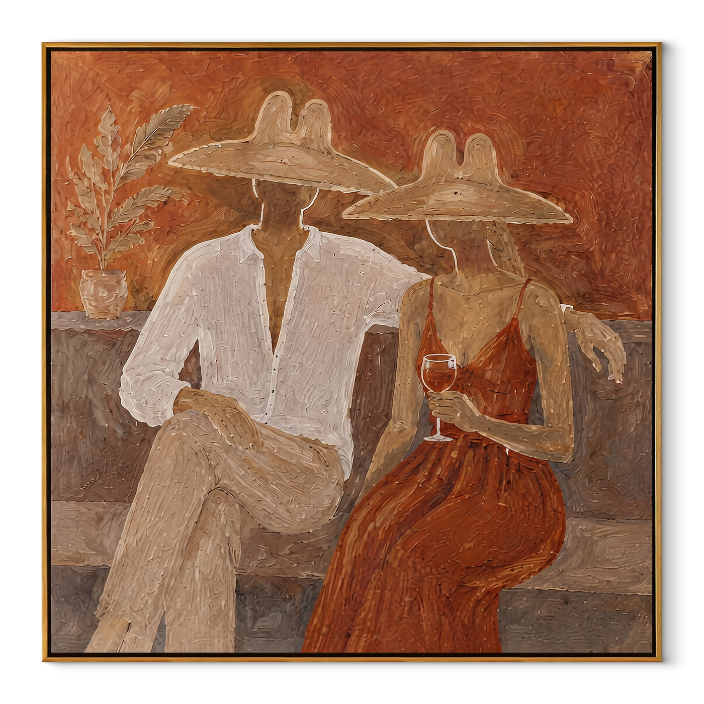 Rust Dress Holds Evening - wine resort couple painting by Claire Whitmore, modern coastal square wall art – wood frame on white background
