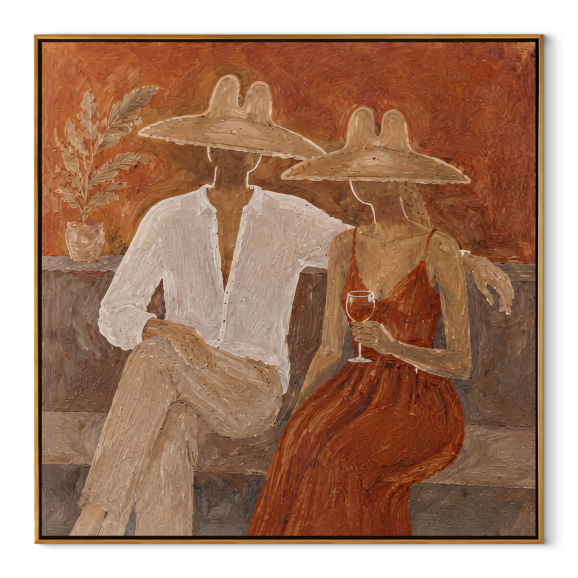 Rust Dress Holds Evening - wine resort couple painting by Claire Whitmore, modern coastal square wall art – wood frame on white background