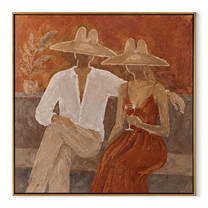 Rust Dress Holds Evening - wine resort couple painting by Claire Whitmore, modern coastal square wall art – wood frame on white background