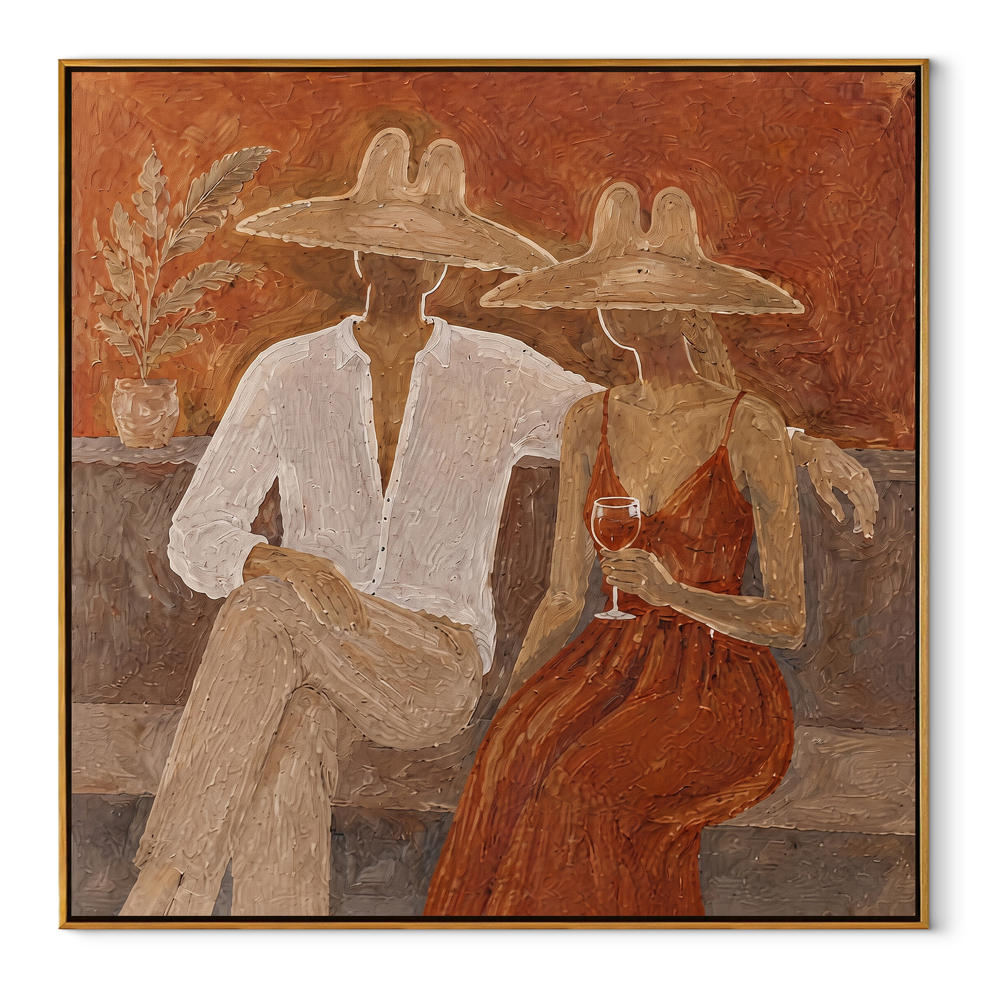 Rust Dress Holds Evening - wine resort couple painting by Claire Whitmore, modern coastal square wall art – wood frame on white background