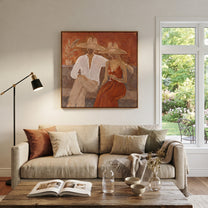 Rust Dress Holds Evening - wine resort couple painting by Claire Whitmore, modern coastal square wall art – styled room scene view 2