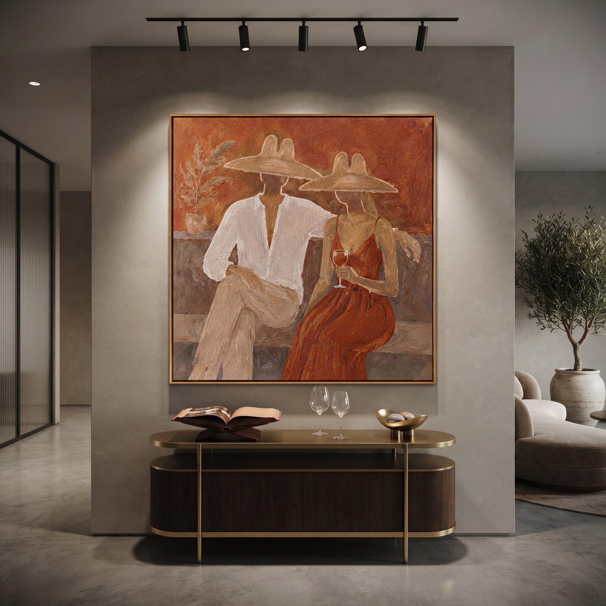 Rust Dress Holds Evening - wine resort couple painting by Claire Whitmore, modern coastal square wall art – styled room scene view 4