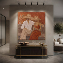 Rust Dress Holds Evening - wine resort couple painting by Claire Whitmore, modern coastal square wall art – styled room scene view 4