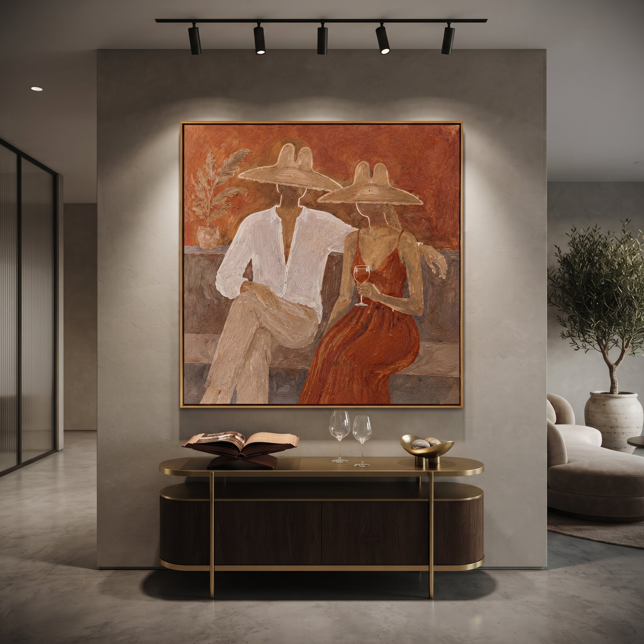 Rust Dress Holds Evening - wine resort couple painting by Claire Whitmore, modern coastal square wall art – styled room scene view 4