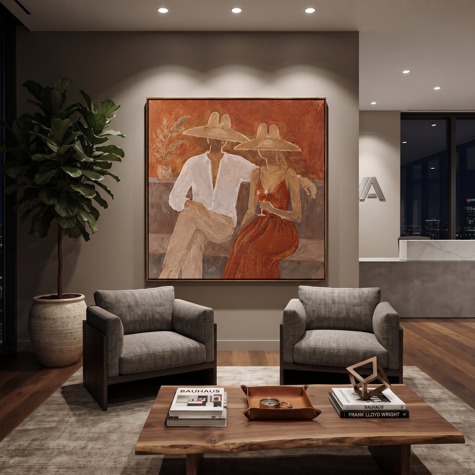 Rust Dress Holds Evening - wine resort couple painting by Claire Whitmore, modern coastal square wall art – styled room scene view 5