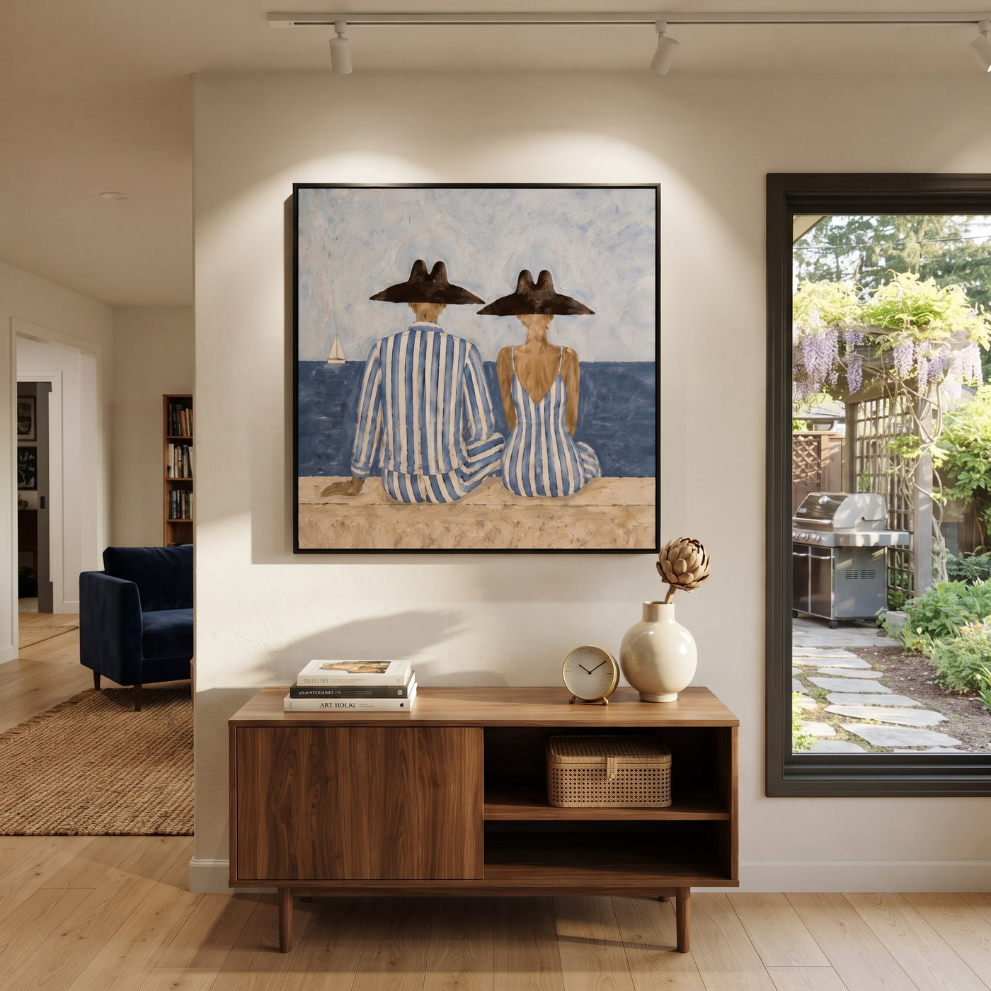 Blue Stripes Watch Tide - seaside striped pair painting by Claire Whitmore, modern coastal square wall art – styled room scene view 1