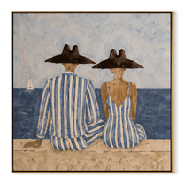 Blue Stripes Watch Tide - seaside striped pair painting by Claire Whitmore, modern coastal square wall art – wood frame on white background