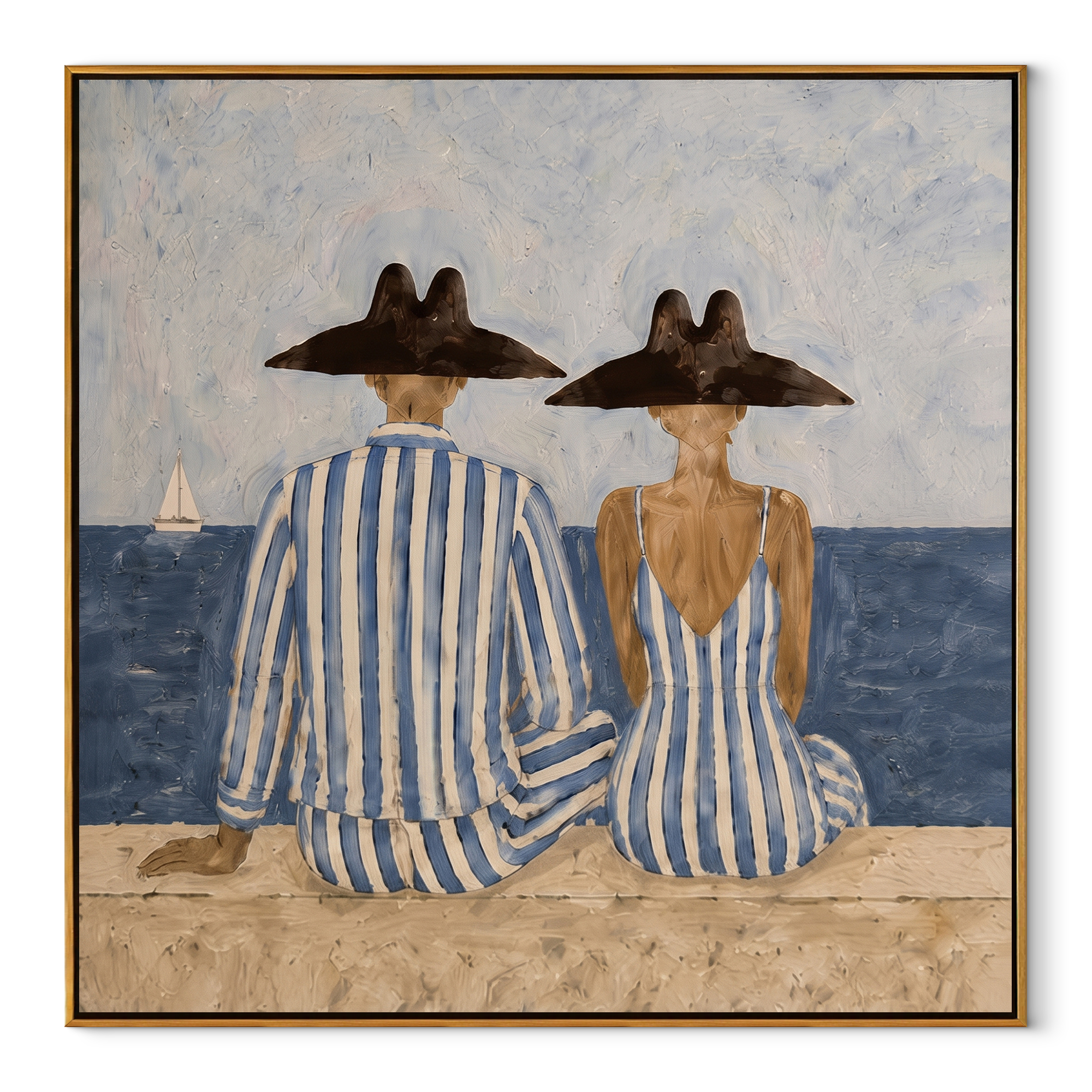Blue Stripes Watch Tide - seaside striped pair painting by Claire Whitmore, modern coastal square wall art – wood frame on white background