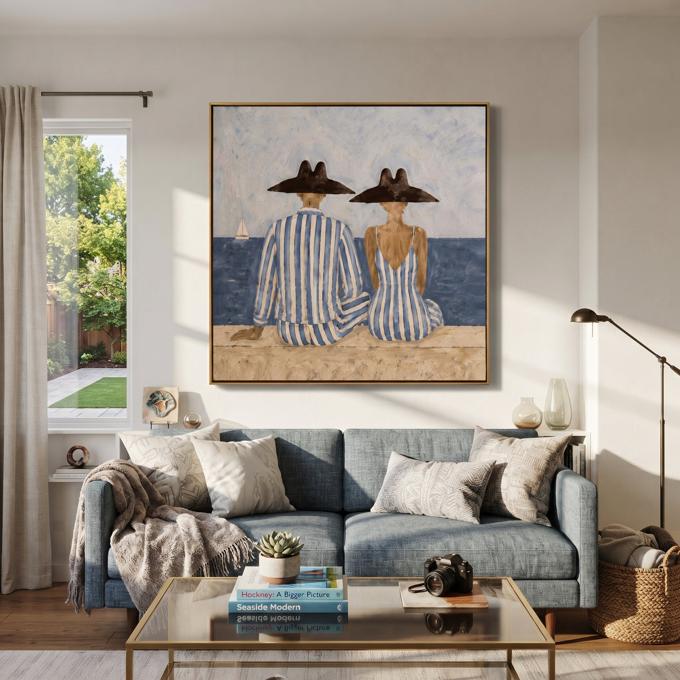 Blue Stripes Watch Tide - seaside striped pair painting by Claire Whitmore, modern coastal square wall art – styled room scene view 2