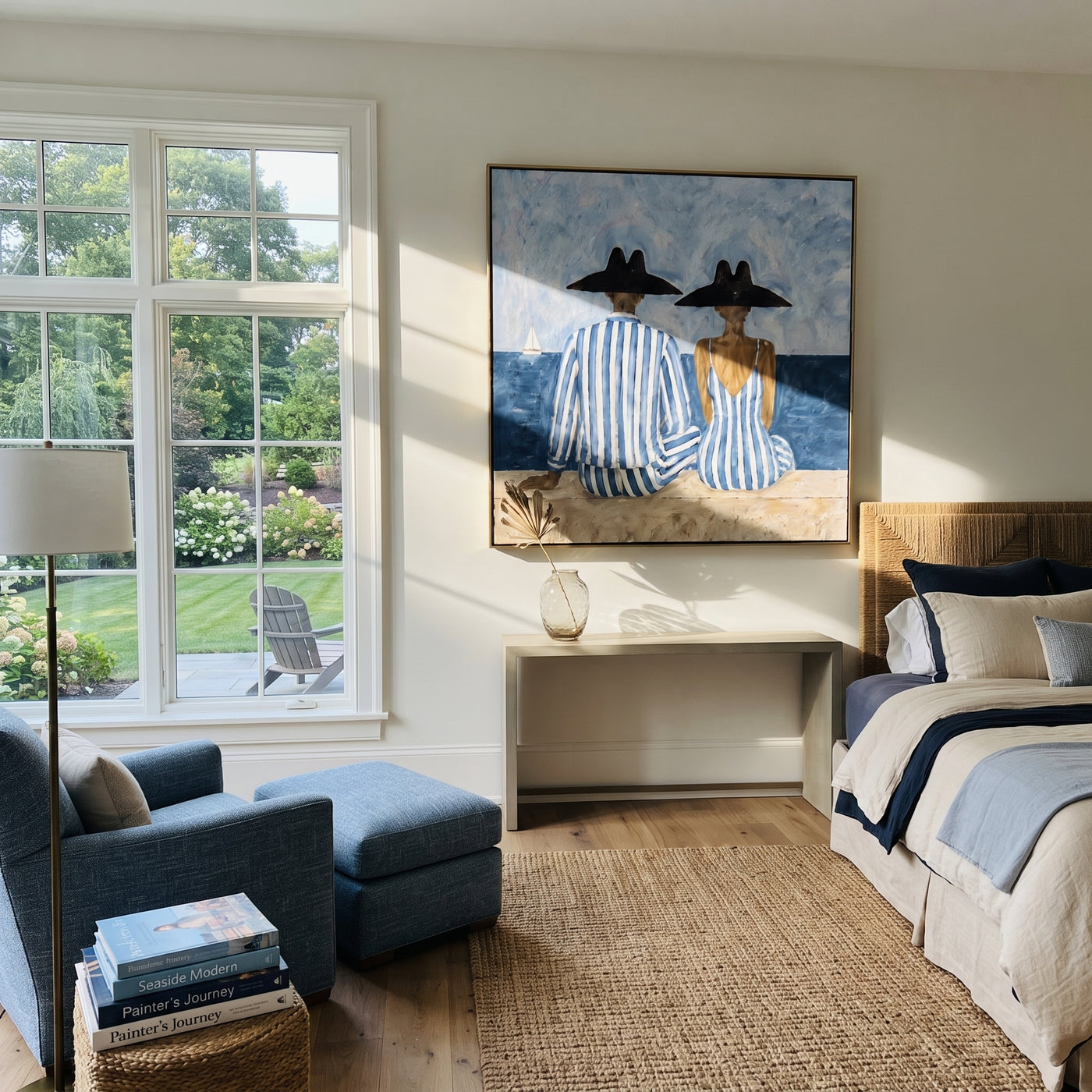 Blue Stripes Watch Tide - seaside striped pair painting by Claire Whitmore, modern coastal square wall art – styled room scene view 3