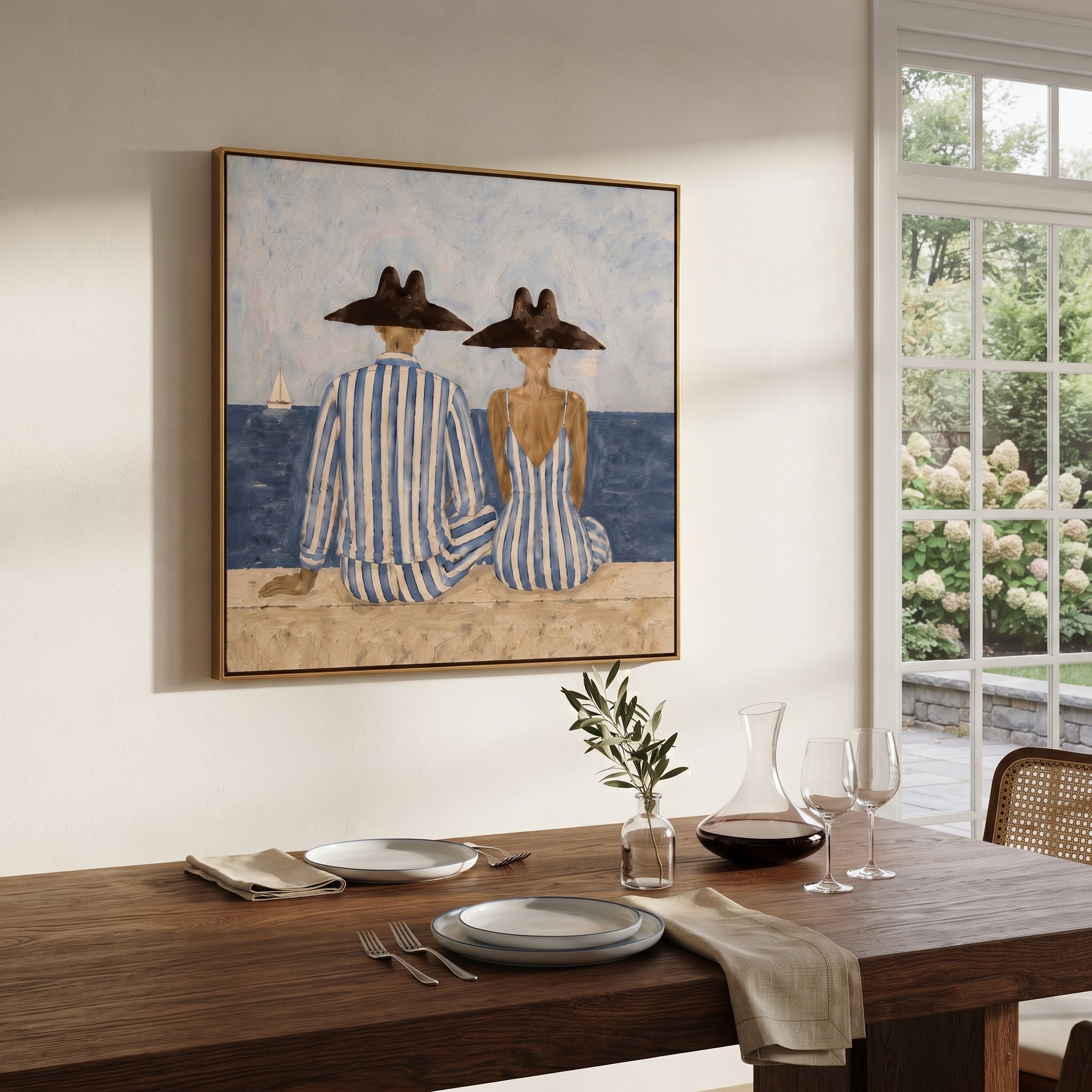 Blue Stripes Watch Tide - seaside striped pair painting by Claire Whitmore, modern coastal square wall art – styled room scene view 4