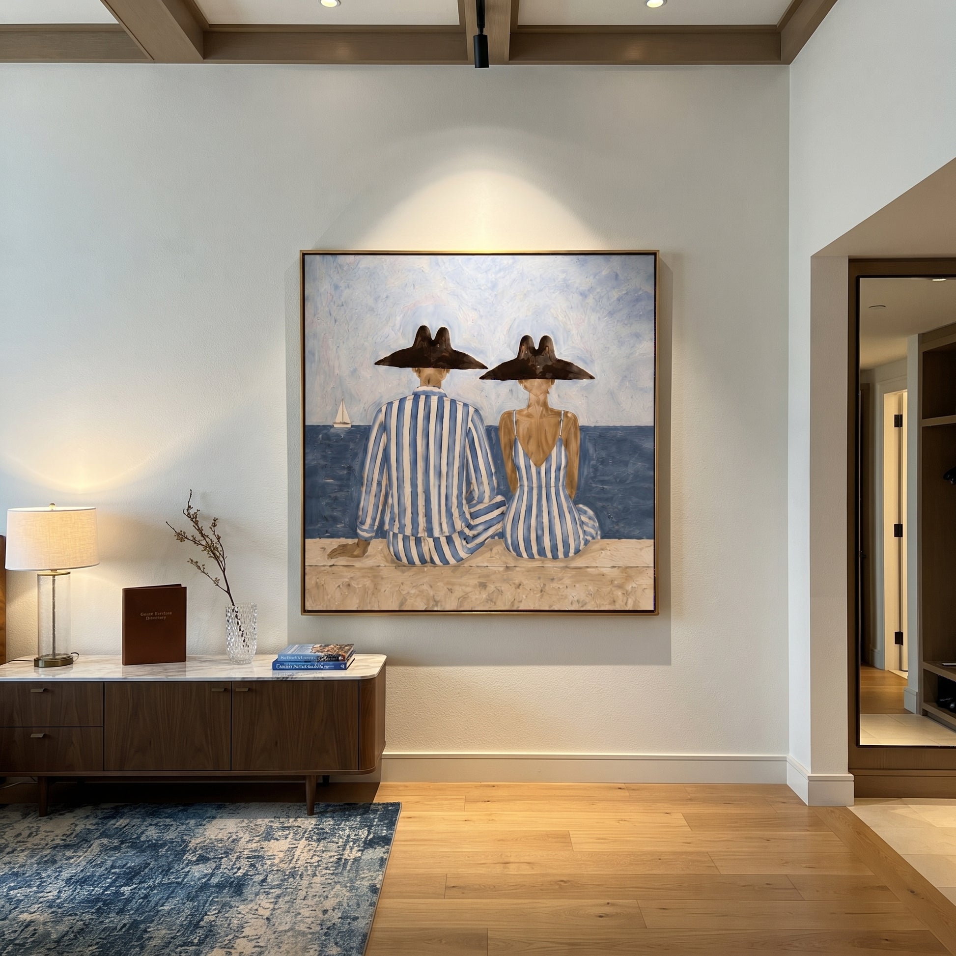 Blue Stripes Watch Tide - seaside striped pair painting by Claire Whitmore, modern coastal square wall art – styled room scene view 5