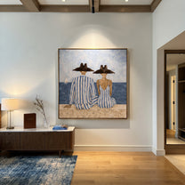 Blue Stripes Watch Tide - seaside striped pair painting by Claire Whitmore, modern coastal square wall art – styled room scene view 5