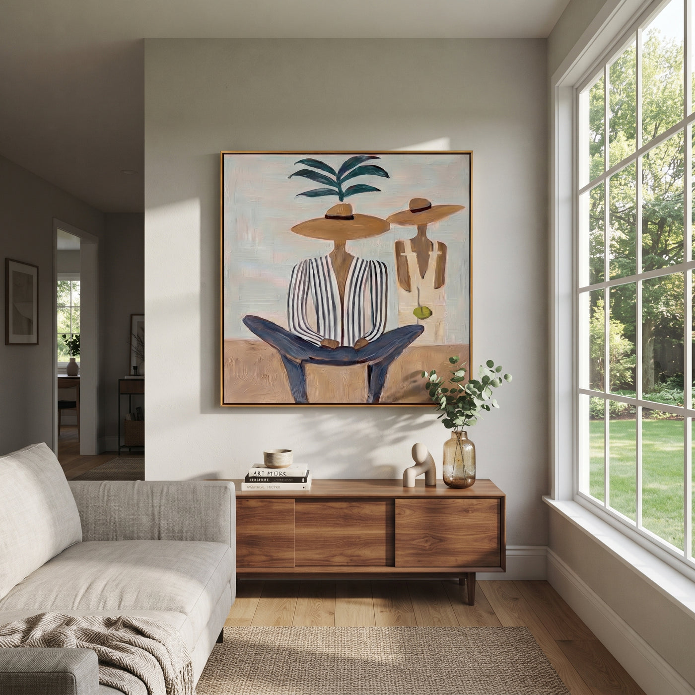 Palm Shade Holds Company - palm striped figure painting by Claire Whitmore, modern coastal square wall art – styled room scene view 1