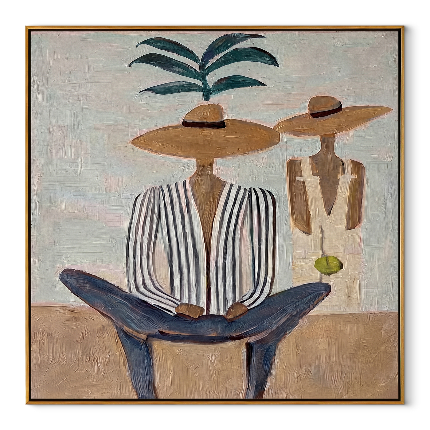 Palm Shade Holds Company - palm striped figure painting by Claire Whitmore, modern coastal square wall art – wood frame on white background