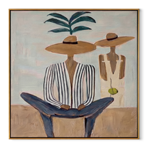 Palm Shade Holds Company - palm striped figure painting by Claire Whitmore, modern coastal square wall art – wood frame on white background