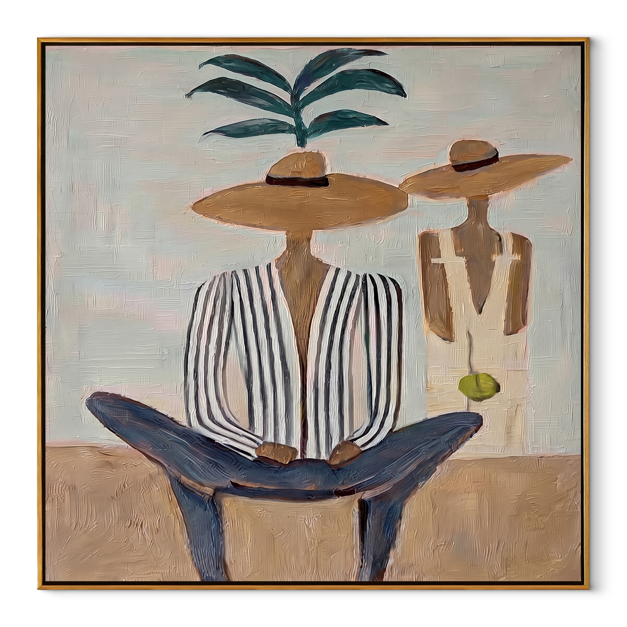 Palm Shade Holds Company - palm striped figure painting by Claire Whitmore, modern coastal square wall art – wood frame on white background
