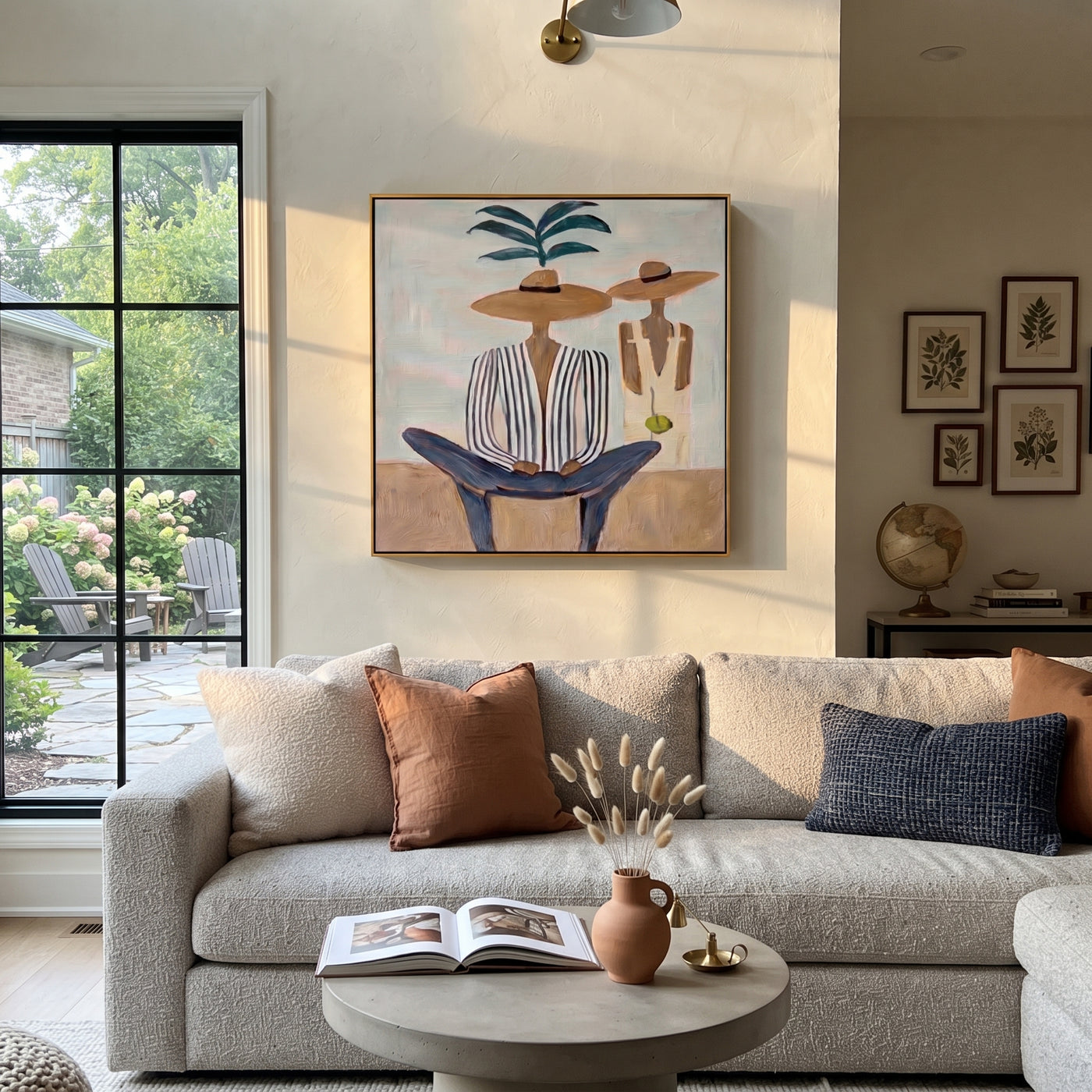 Palm Shade Holds Company - palm striped figure painting by Claire Whitmore, modern coastal square wall art – styled room scene view 2