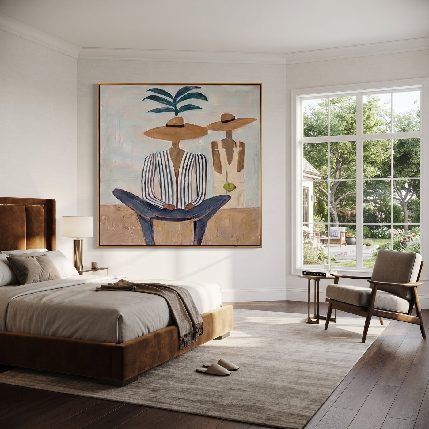 Palm Shade Holds Company - palm striped figure painting by Claire Whitmore, modern coastal square wall art – styled room scene view 3