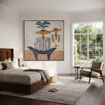 Palm Shade Holds Company - palm striped figure painting by Claire Whitmore, modern coastal square wall art – styled room scene view 3