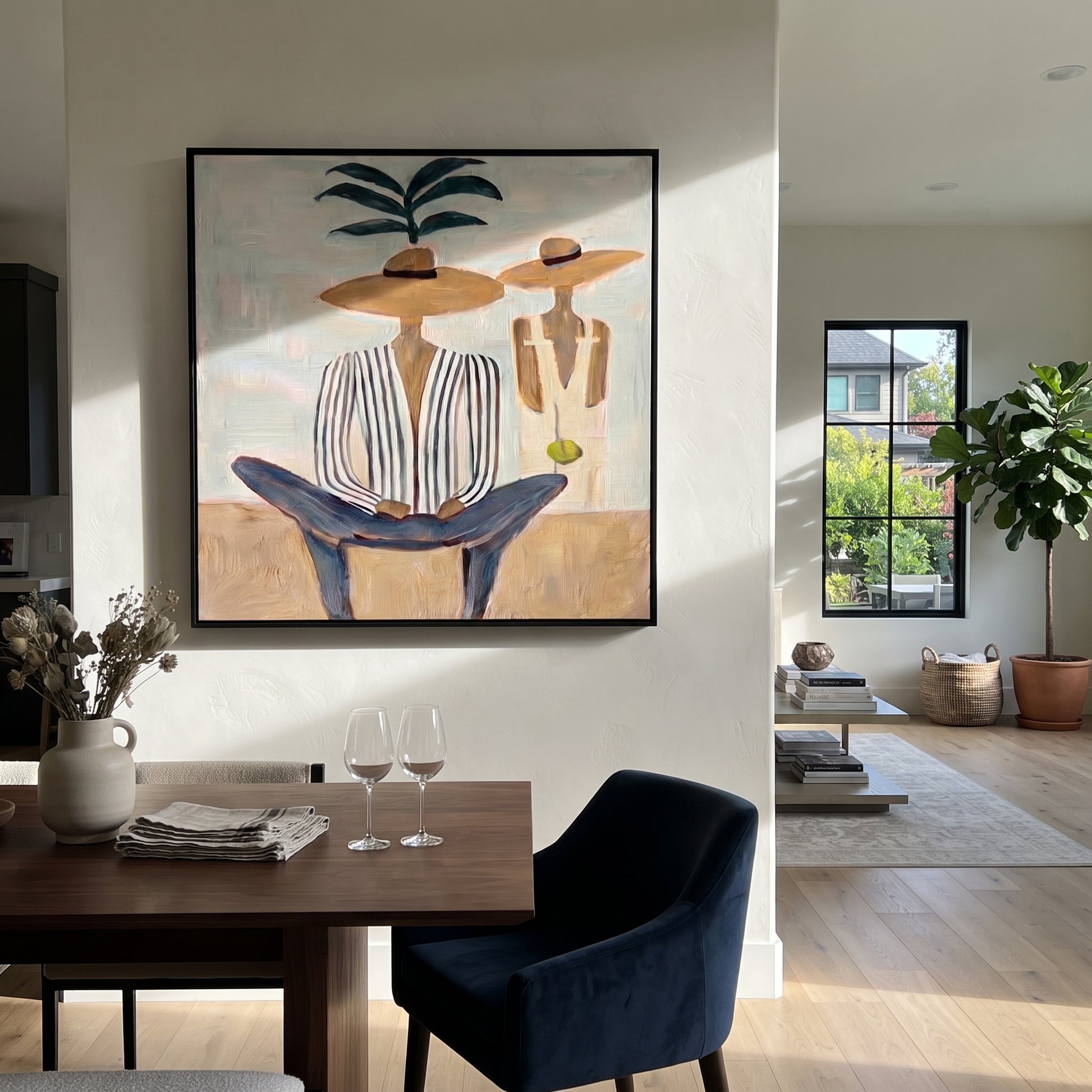 Palm Shade Holds Company - palm striped figure painting by Claire Whitmore, modern coastal square wall art – styled room scene view 4