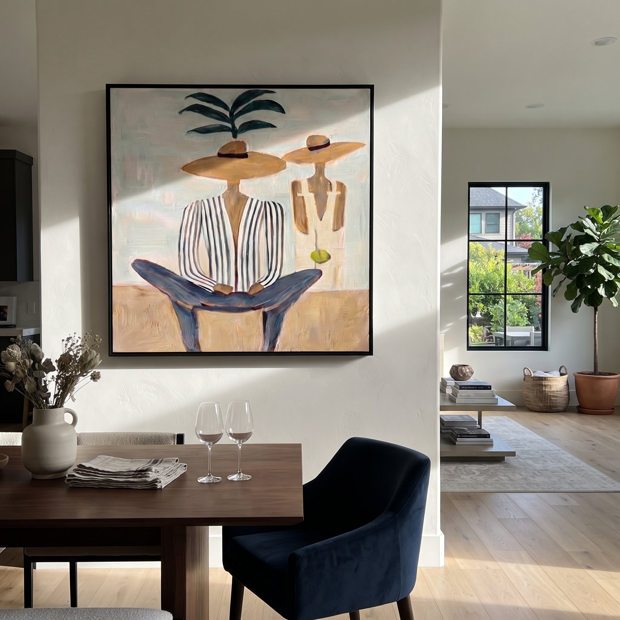 Palm Shade Holds Company - palm striped figure painting by Claire Whitmore, modern coastal square wall art – styled room scene view 4