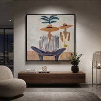 Palm Shade Holds Company - palm striped figure painting by Claire Whitmore, modern coastal square wall art – styled room scene view 5