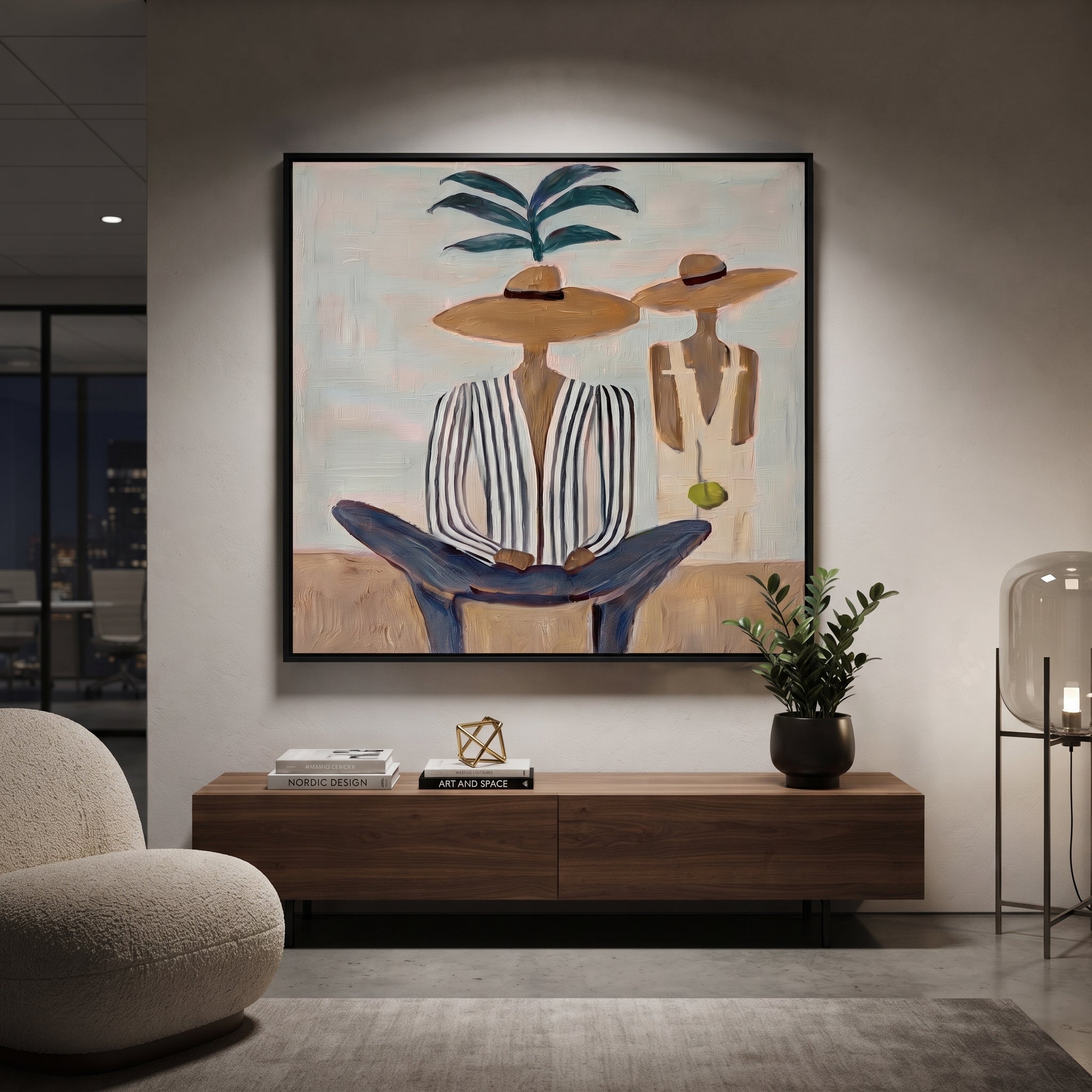 Palm Shade Holds Company - palm striped figure painting by Claire Whitmore, modern coastal square wall art – styled room scene view 5