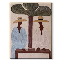 Tree Shade Divides Linen - tropical tree figure pair painting by Claire Whitmore, modern coastal vertical wall art – wood frame on white background