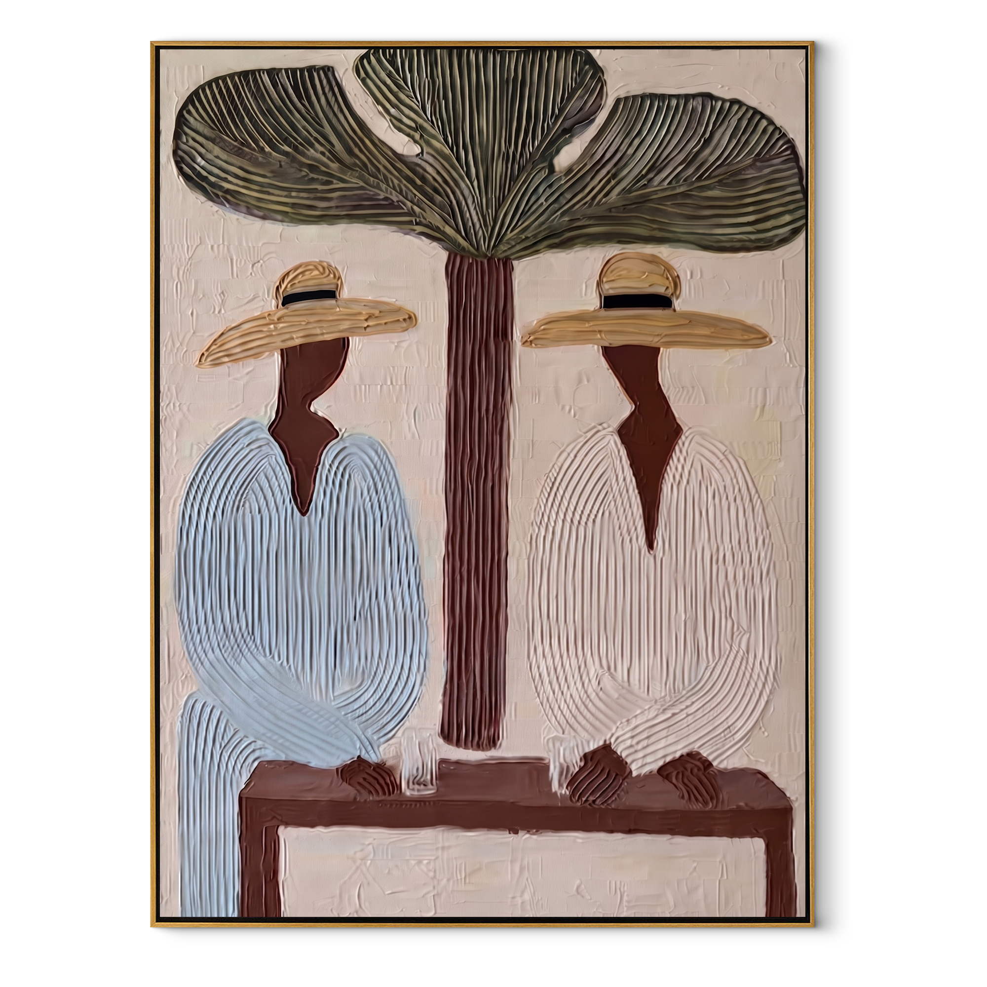 Tree Shade Divides Linen - tropical tree figure pair painting by Claire Whitmore, modern coastal vertical wall art – wood frame on white background