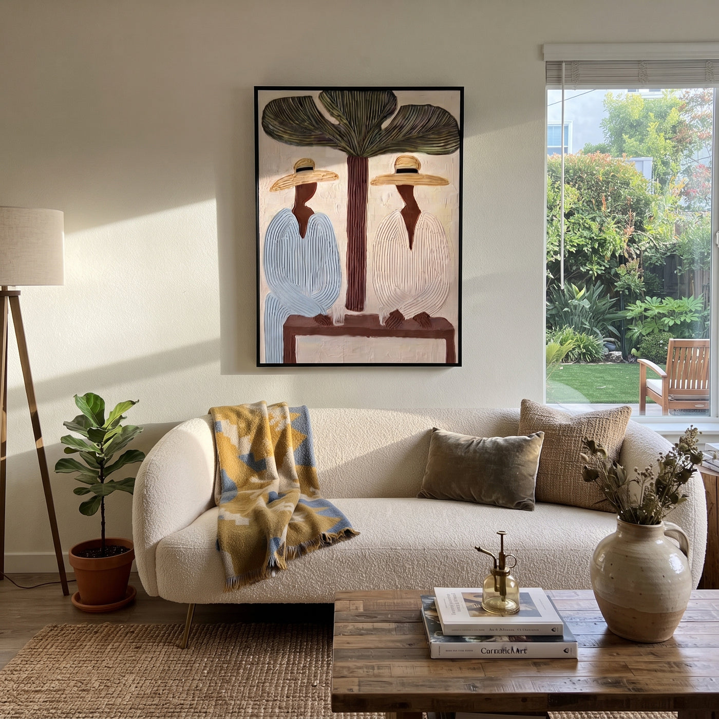 Tree Shade Divides Linen - tropical tree figure pair painting by Claire Whitmore, modern coastal vertical wall art – styled room scene view 2