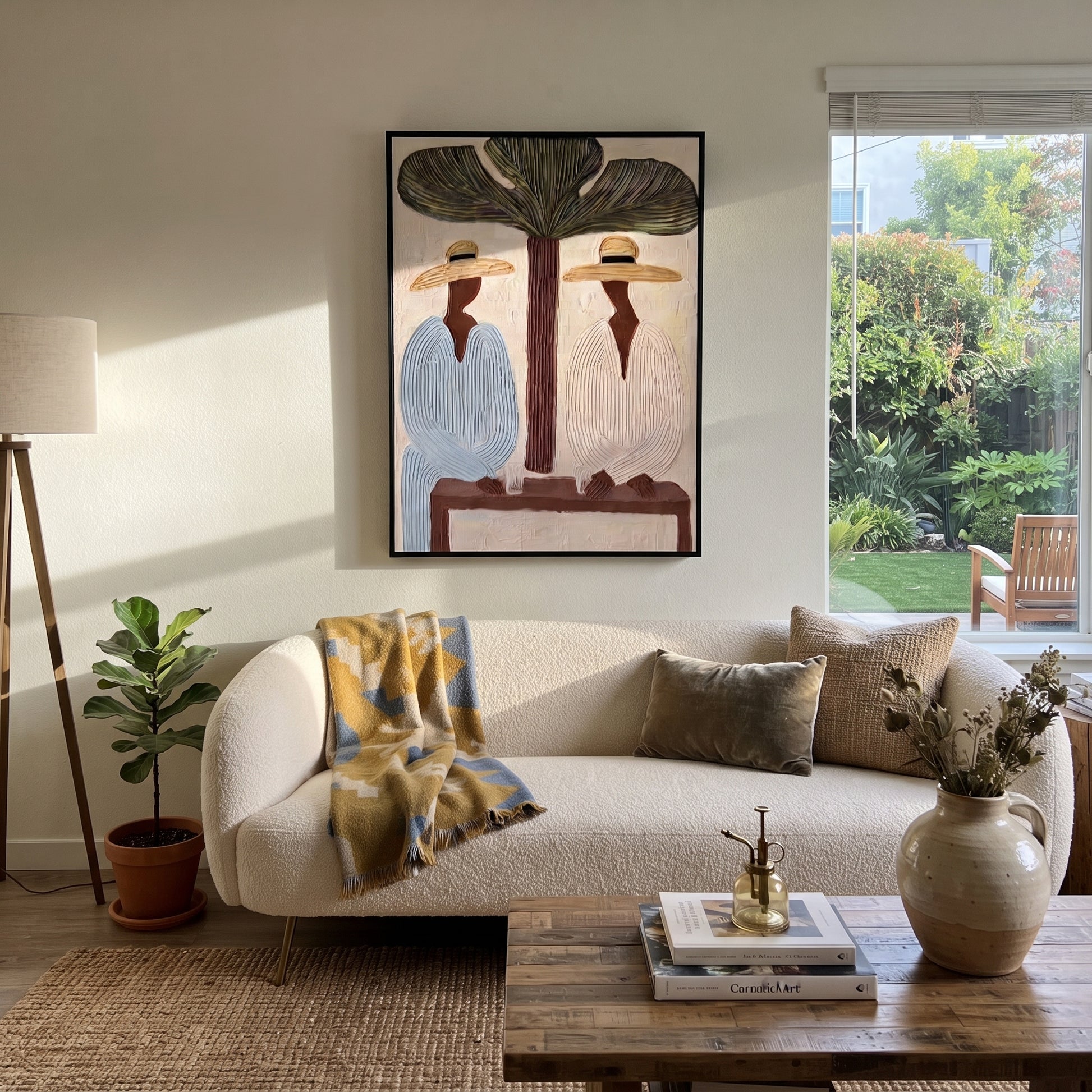Tree Shade Divides Linen - tropical tree figure pair painting by Claire Whitmore, modern coastal vertical wall art – styled room scene view 2