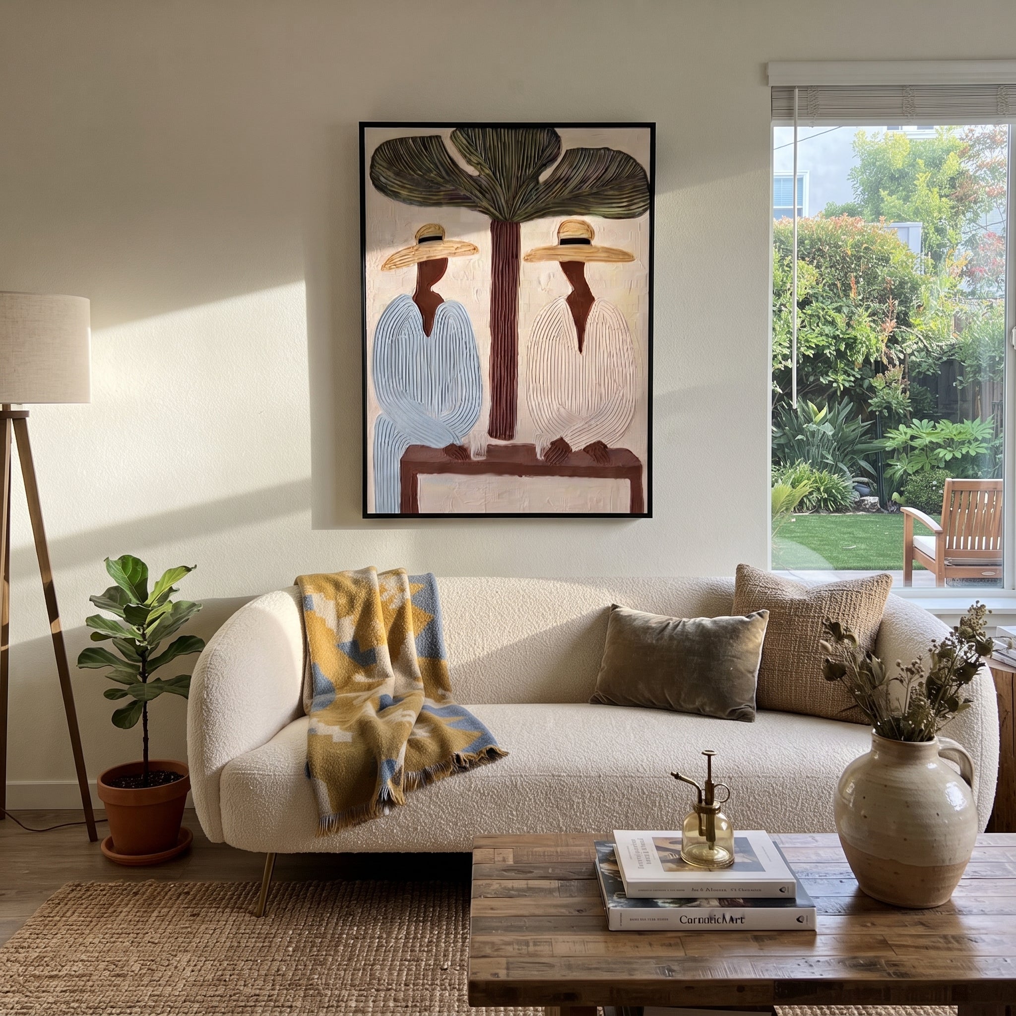 Tree Shade Divides Linen - tropical tree figure pair painting by Claire Whitmore, modern coastal vertical wall art – styled room scene view 2