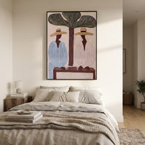 Tree Shade Divides Linen - tropical tree figure pair painting by Claire Whitmore, modern coastal vertical wall art – styled room scene view 3