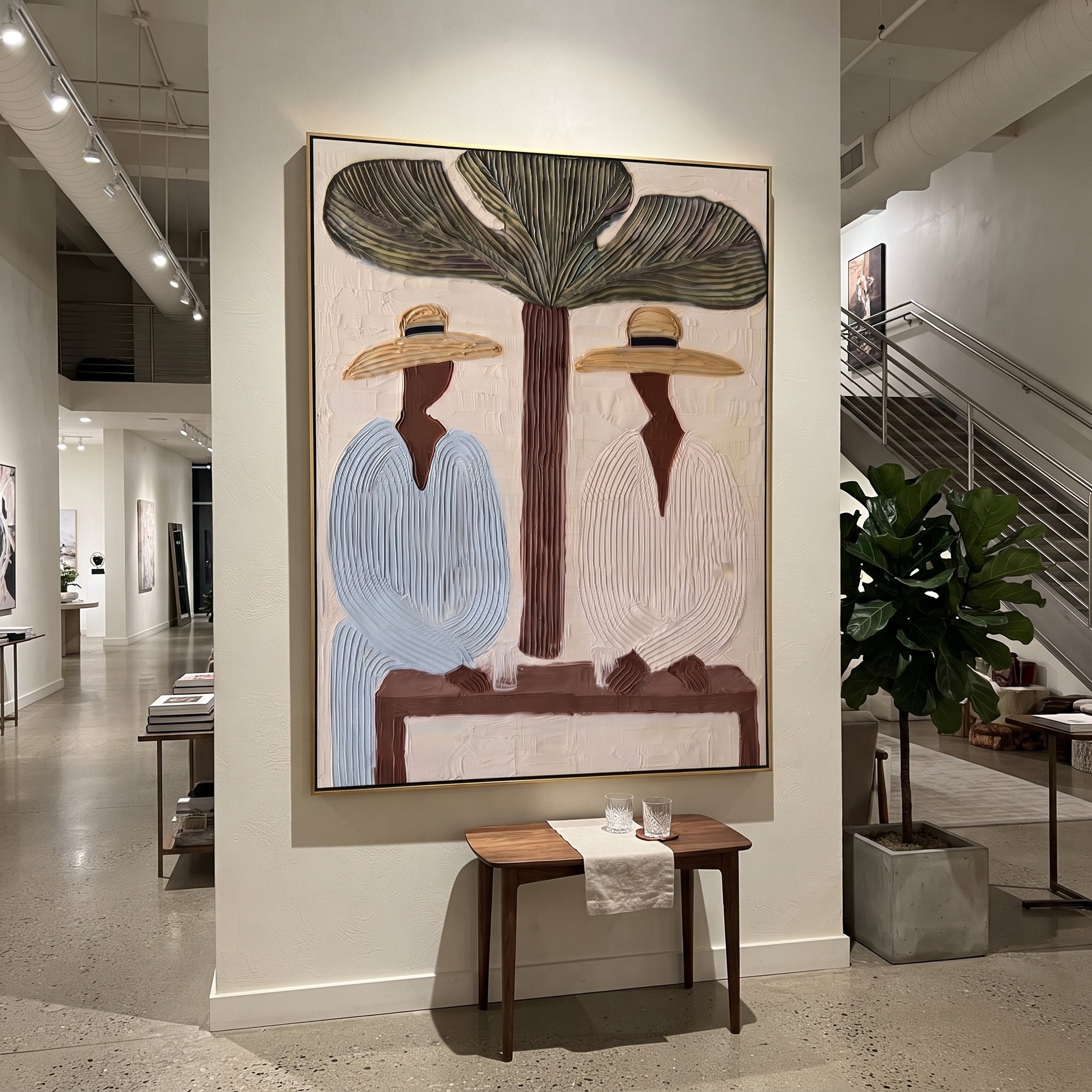 Tree Shade Divides Linen - tropical tree figure pair painting by Claire Whitmore, modern coastal vertical wall art – styled room scene view 4