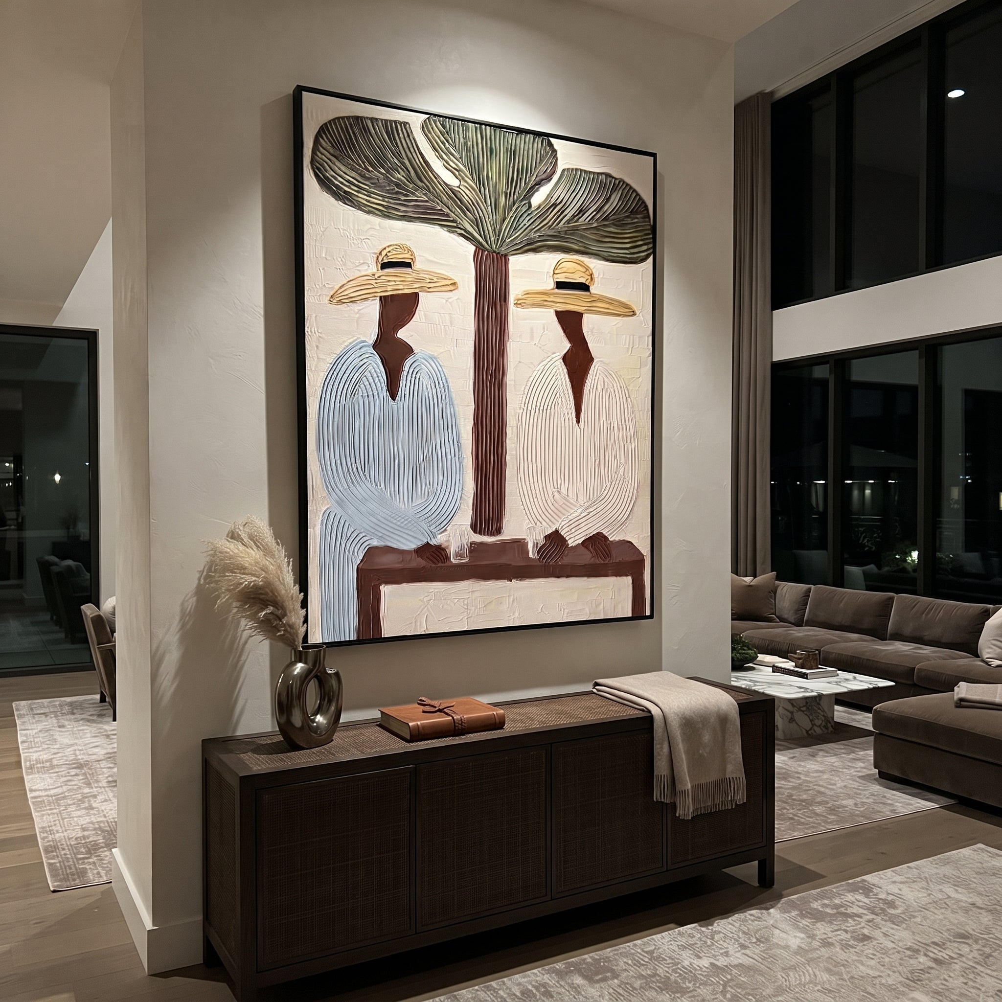 Tree Shade Divides Linen - tropical tree figure pair painting by Claire Whitmore, modern coastal vertical wall art – styled room scene view 5
