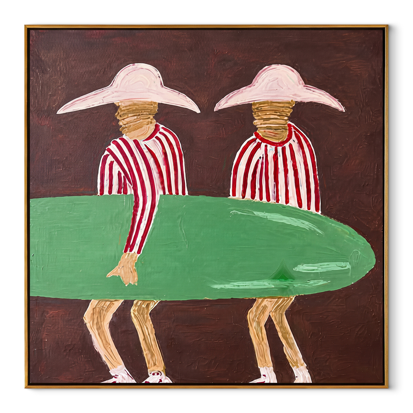 Green Board Crosses Burgundy - surfboard figure pair painting by Claire Whitmore, modern coastal square wall art – wood frame on white background