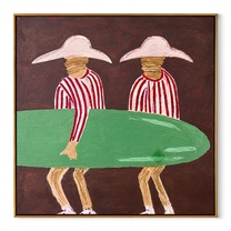 Green Board Crosses Burgundy - surfboard figure pair painting by Claire Whitmore, modern coastal square wall art – wood frame on white background