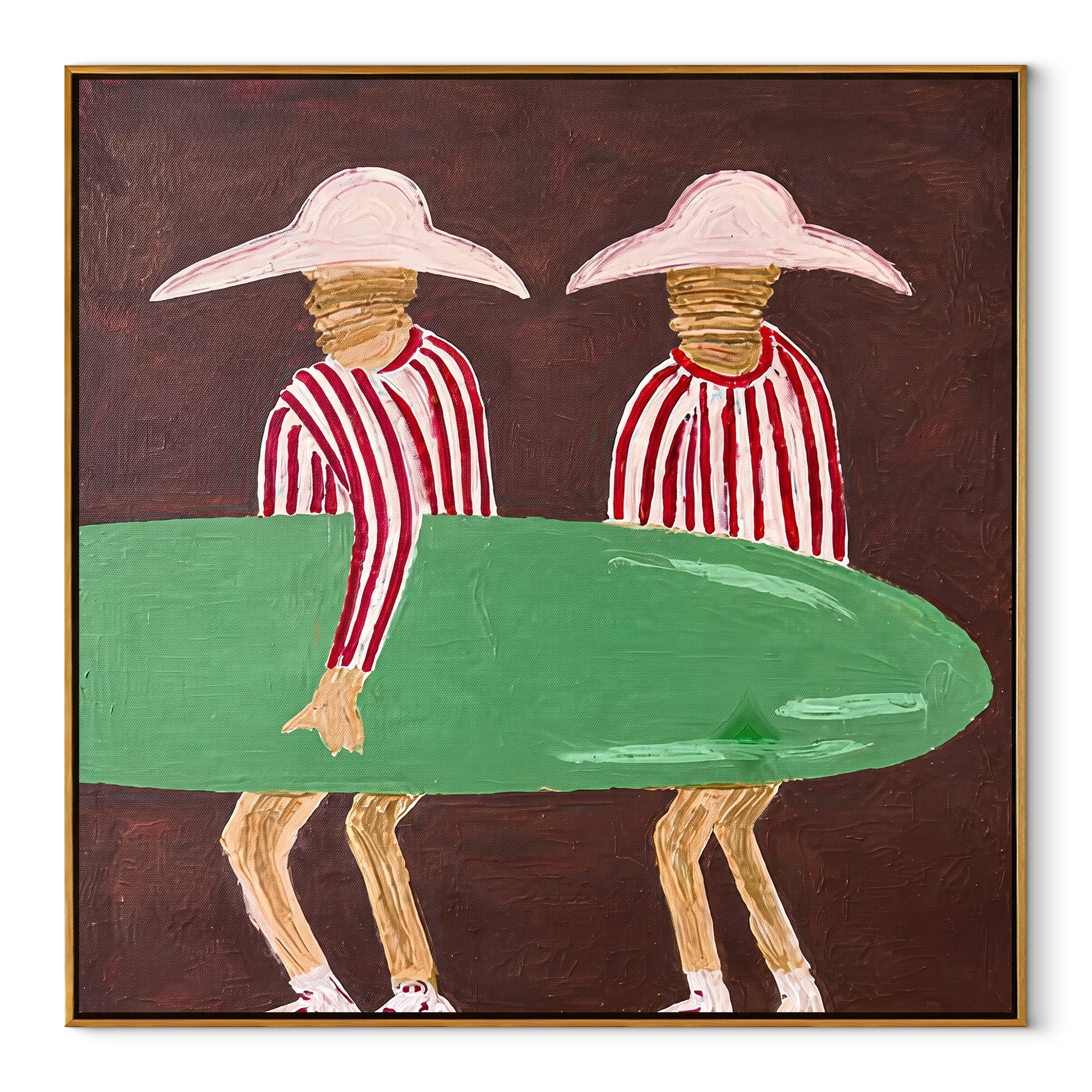 Green Board Crosses Burgundy - surfboard figure pair painting by Claire Whitmore, modern coastal square wall art – wood frame on white background