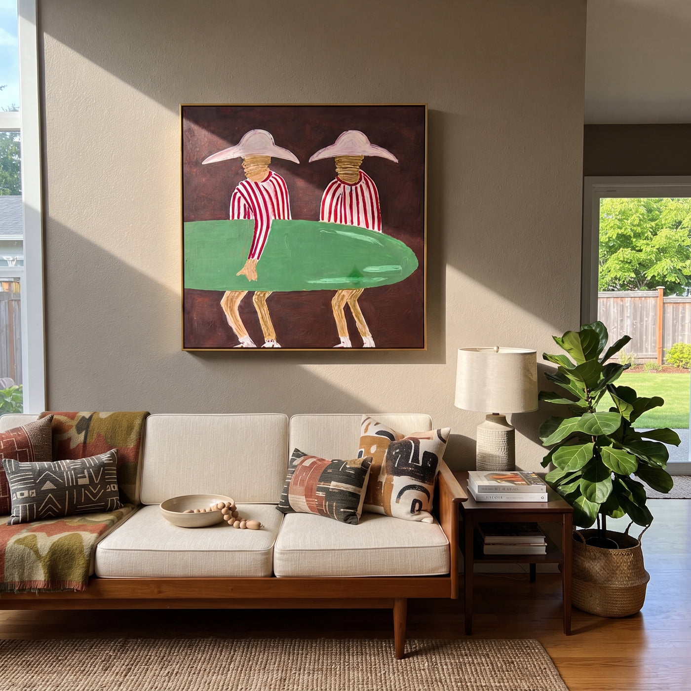 Green Board Crosses Burgundy - surfboard figure pair painting by Claire Whitmore, modern coastal square wall art – styled room scene view 2