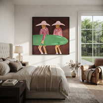Green Board Crosses Burgundy - surfboard figure pair painting by Claire Whitmore, modern coastal square wall art – styled room scene view 3