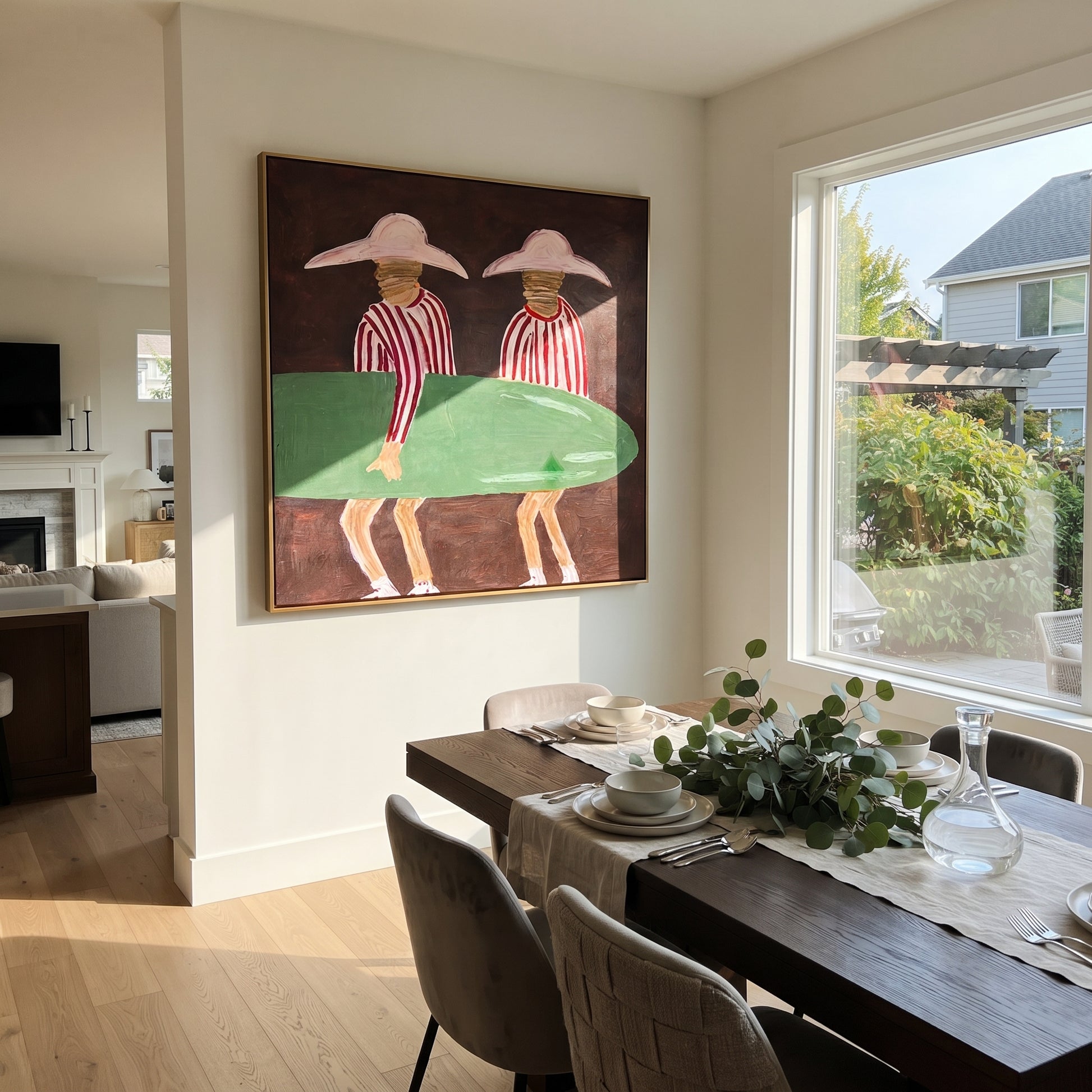 Green Board Crosses Burgundy - surfboard figure pair painting by Claire Whitmore, modern coastal square wall art – styled room scene view 4