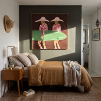 Green Board Crosses Burgundy - surfboard figure pair painting by Claire Whitmore, modern coastal square wall art – styled room scene view 5