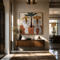 Palm Stands Between Brims - striped resort couple painting by Claire Whitmore, modern coastal square wall art - styled room scene view 1
