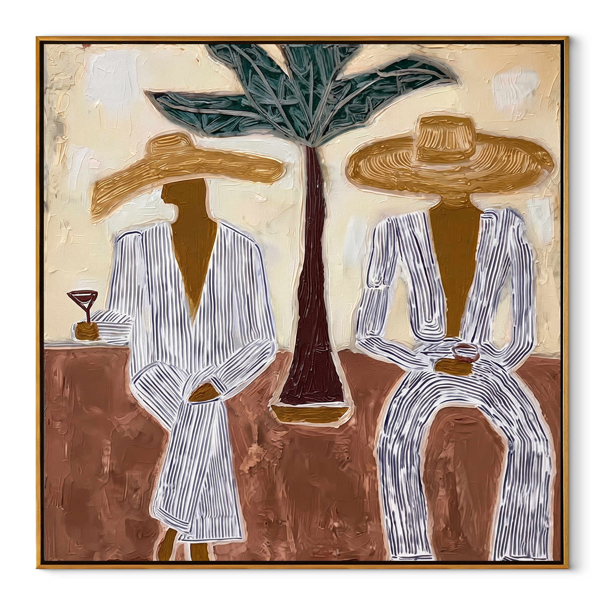 Palm Stands Between Brims - striped resort couple painting by Claire Whitmore, modern coastal square wall art - wood frame on white background